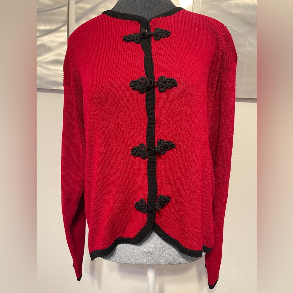 Marisa Christina Open Front Cardigan Sweater Red Black Medium Pre Loved